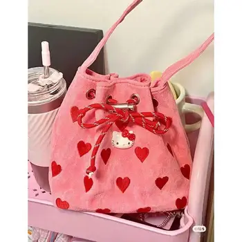 Sanrio Hello Kitty Rankinėje Mergina Kawaii Išsiuvinėta Meilės Raišteliu Pink Krepšys Pavasario Vasaros Naują Pečių Mini Kibirą, Maišą