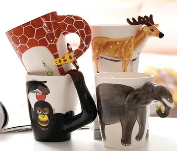 Naujo dizaino Kūrybinės Keramikos 3D Puodelis,kavos, pieno puer arbatos puodeliai 3D gyvūnų formos, Rankomis dažyti gyvūnų Žirafa Karvės, Beždžionės taurės dovana